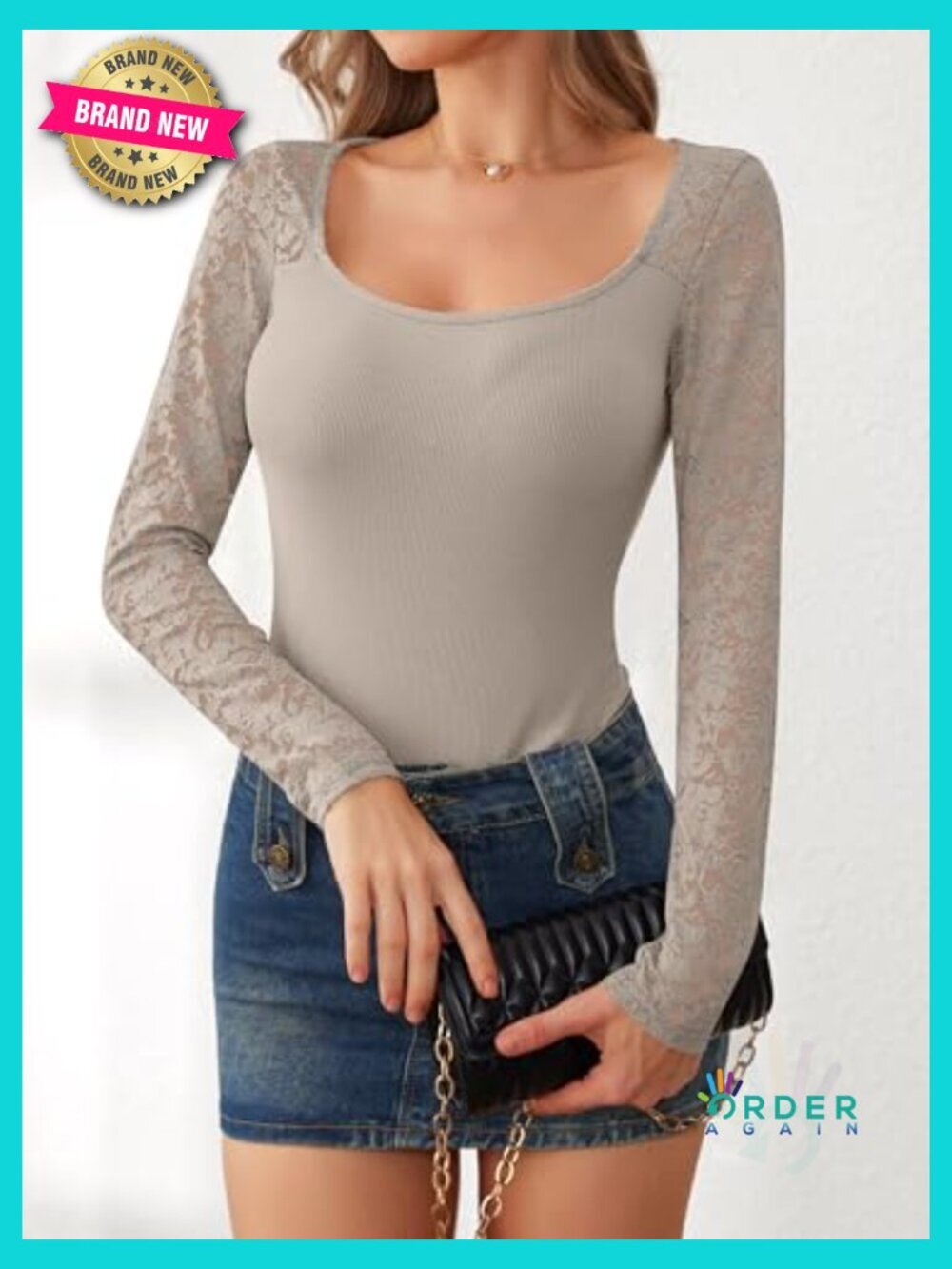Scoop Neck Long Sleeve Blouse Slim Fit Rib Knit Going Out Trendy Top Solid - Picture 4 of 7